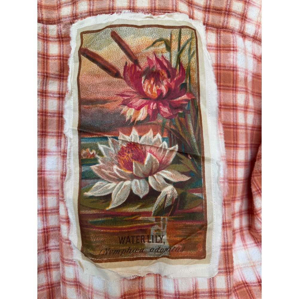 Waterlily Flannel Shirt Bleached Plaid Botanical Folk Art Large